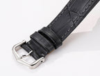 Cartier skeleton watch leather strap with silver buckle and stitched black band end