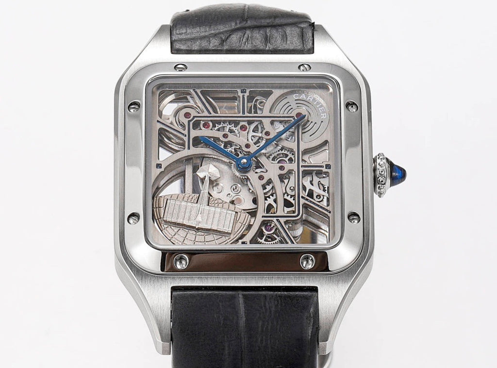 Cartier skeleton watch front view with see-through movement and black leather strap