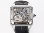 Cartier skeleton watch front view with see-through movement and black leather strap