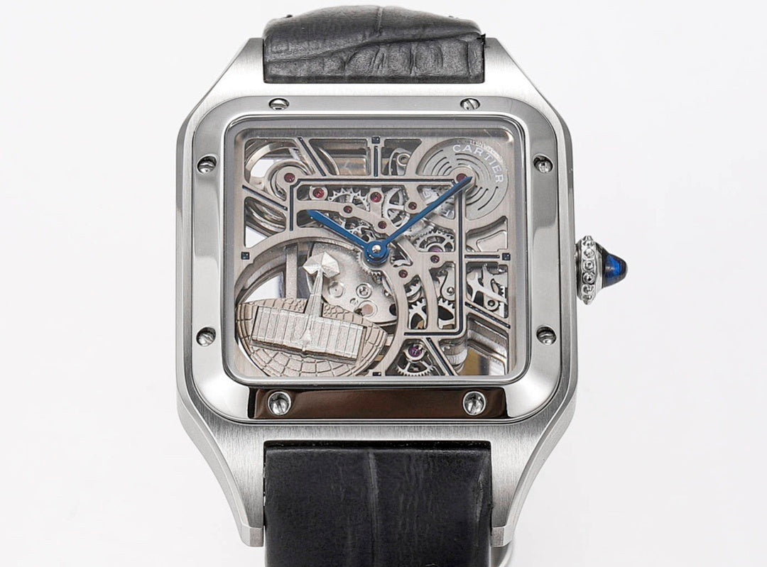 Cartier skeleton watch front view with see-through movement and black leather strap