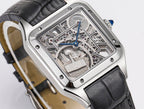 Cartier skeleton watch close-up of dial with visible gears, blue hands, black leather strap