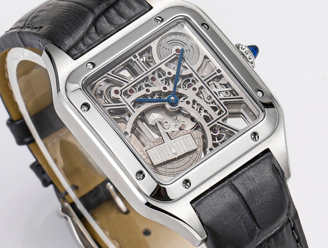 Cartier skeleton watch close-up of dial with visible gears, blue hands, black leather strap