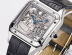 Cartier skeleton watch close-up of transparent dial and movement, black leather strap