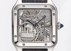 Cartier skeleton watch front close-up showing open movement and black leather strap
