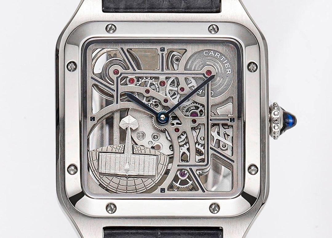 Cartier skeleton watch front close-up showing open movement and black leather strap