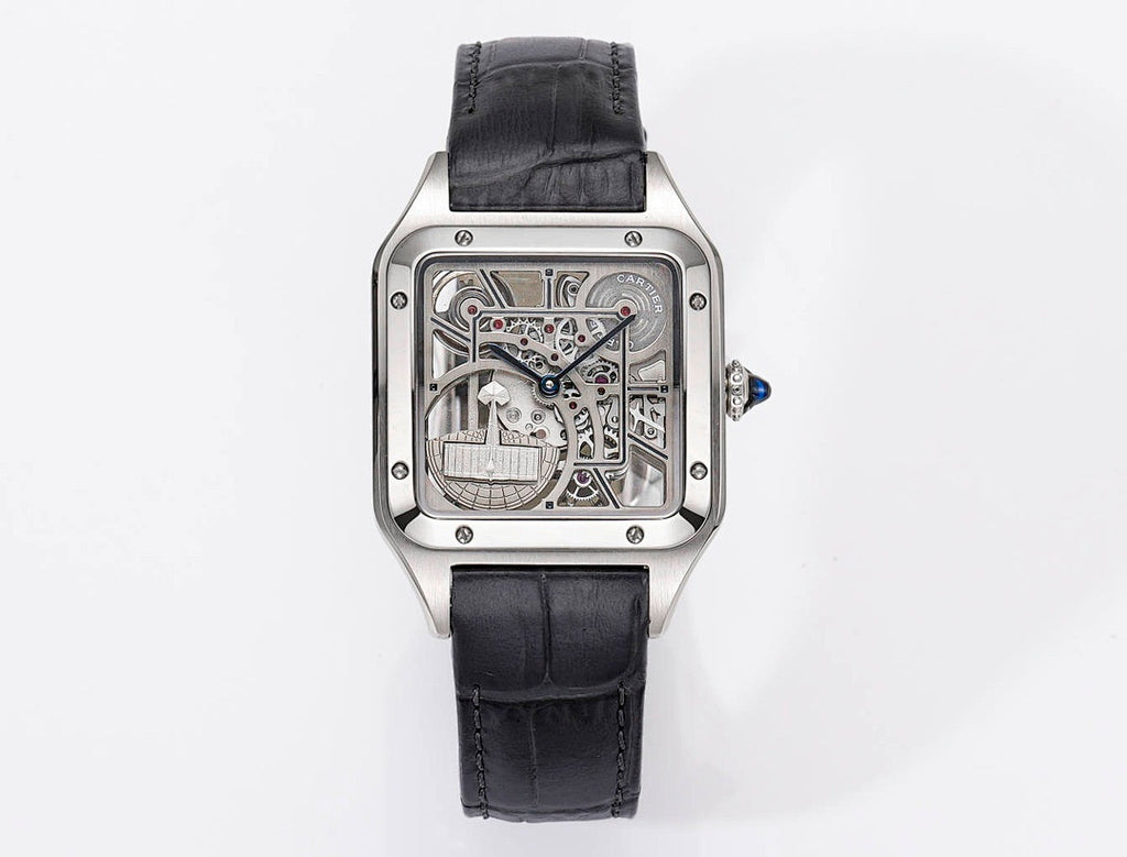 Cartier skeleton watch with silver case and black leather strap, see-through dial