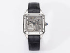 Cartier skeleton watch with silver case and black leather strap, see-through dial