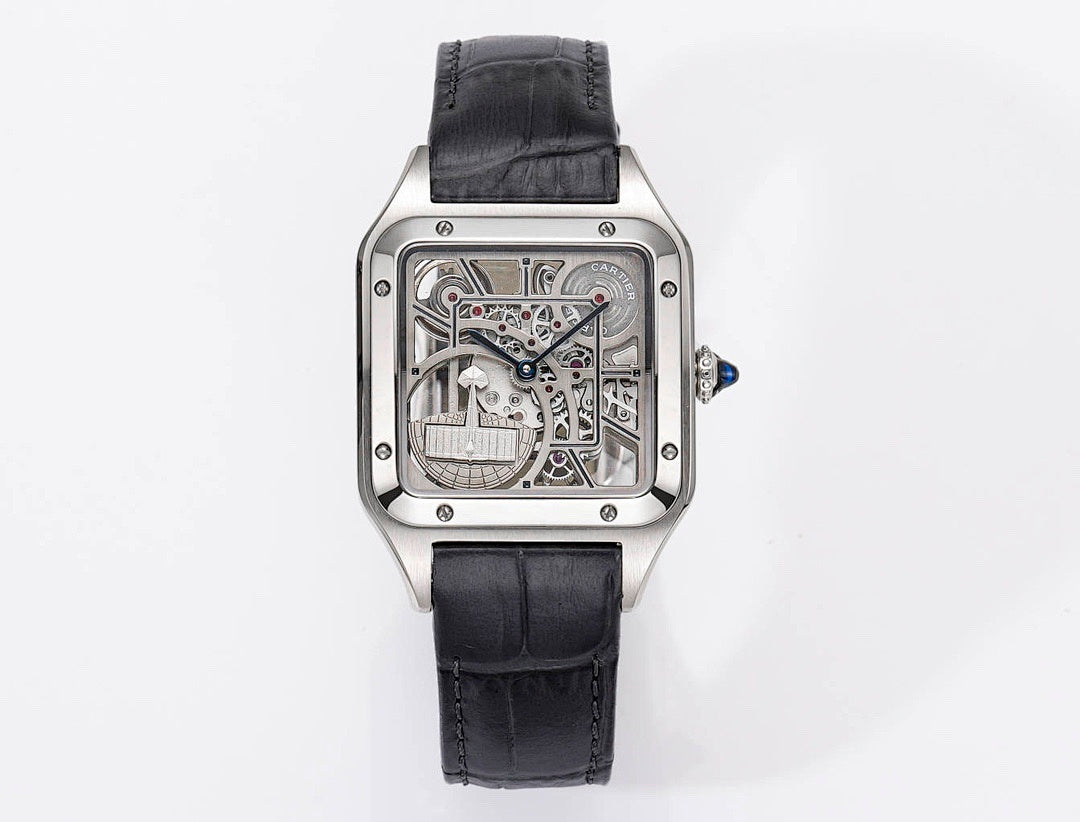 Cartier skeleton watch with silver case and black leather strap, see-through dial