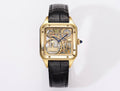 Gold-tone skeleton watch with black leather strap, square case and visible mechanical dial