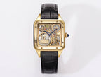 Gold-tone skeleton watch with black leather strap, square case and visible mechanical dial