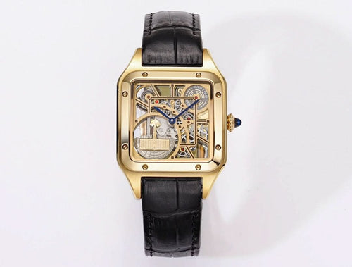 Gold-tone skeleton watch with black leather strap, square case and visible mechanical dial