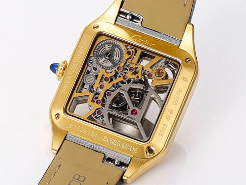 Gold-tone skeleton watch case detail with visible gears and dial, black leather strap