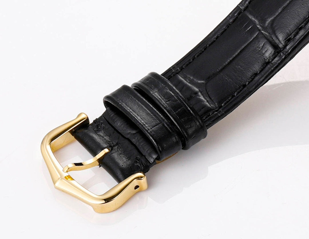 Black leather watch strap with gold-tone buckle and square gold-tone case