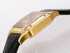 Gold-tone watch case profile with black leather strap and transparent dial window