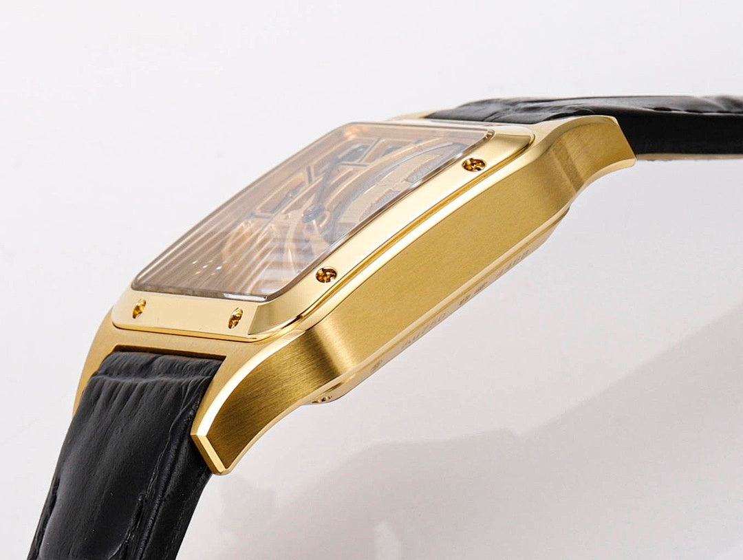 Gold-tone watch case profile with black leather strap and transparent dial window