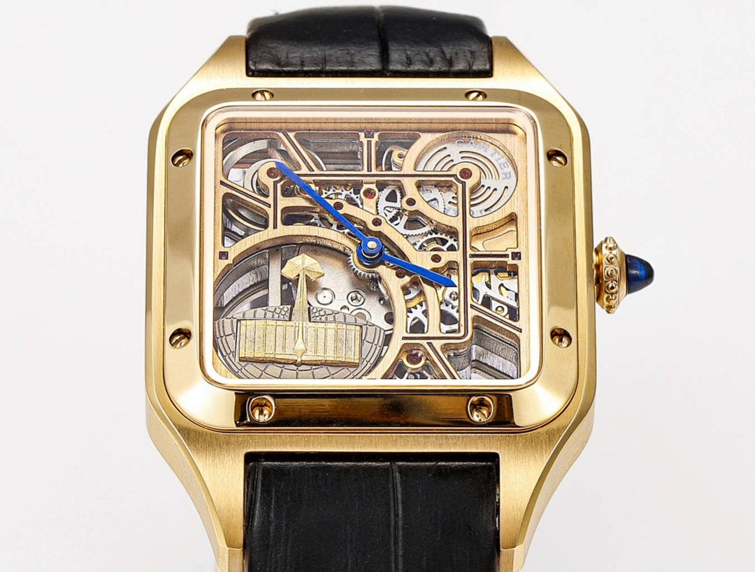 Square gold-tone skeleton watch with black leather strap, visible blue balance wheel