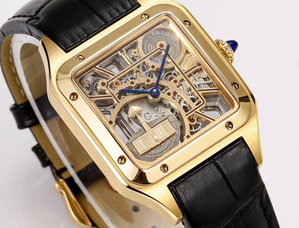 Angled view of square gold-tone skeleton watch with black leather strap and open mechanics