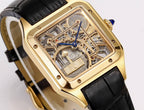 Angled view of square gold-tone skeleton watch with black leather strap and open mechanics