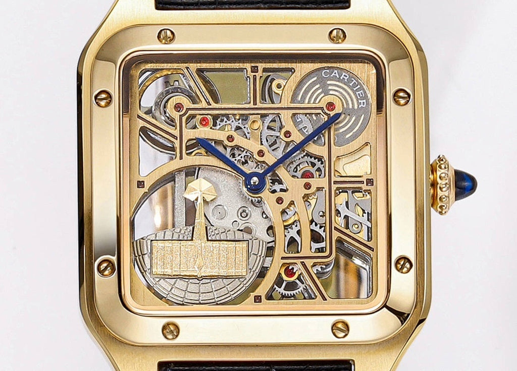 Front view of square gold-tone skeleton watch dial with blue hands and black leather strap