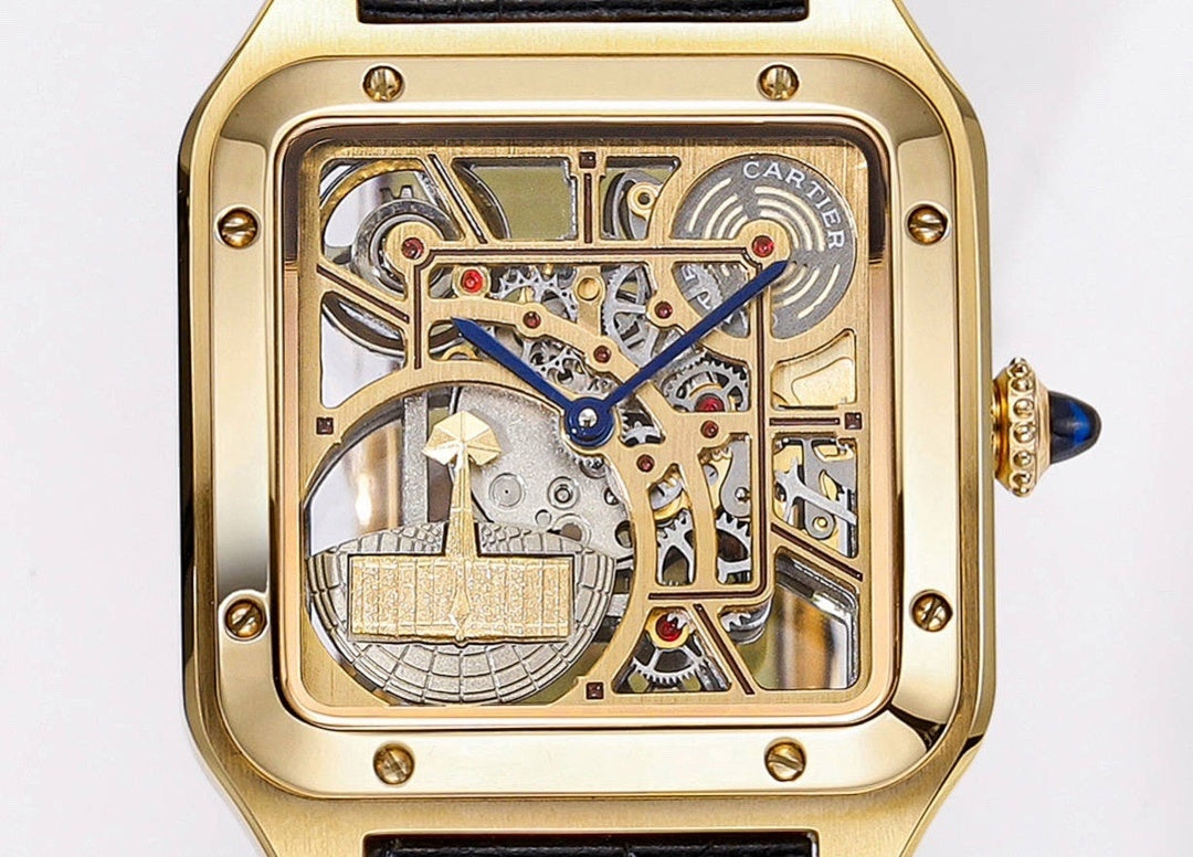 Front view of square gold-tone skeleton watch dial with blue hands and black leather strap