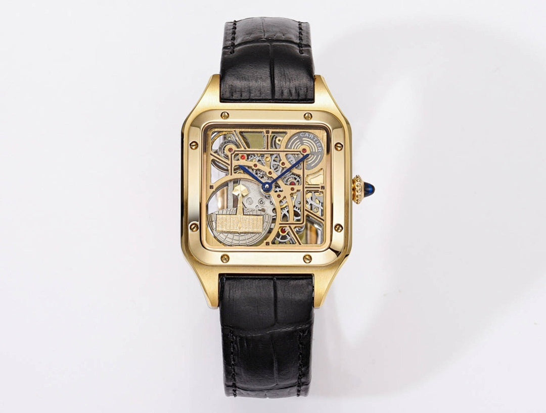 Square gold-tone skeleton watch with black leather strap and visible mechanical dial