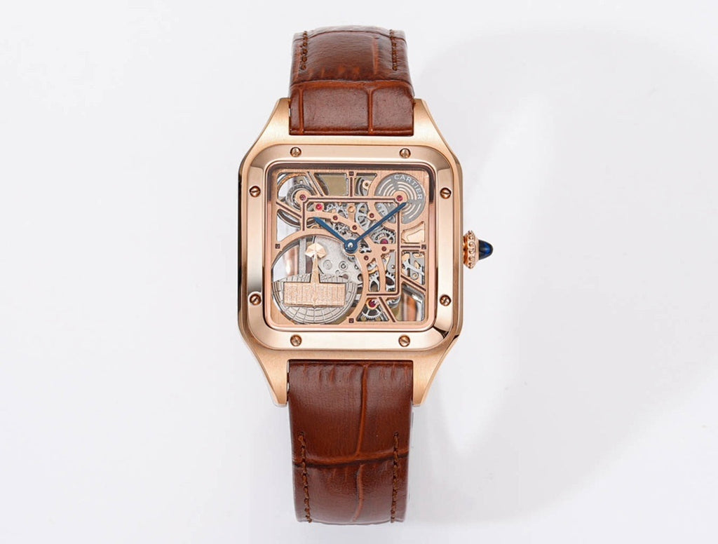 Cartier watch with rose gold case, see-through skeleton dial, brown leather strap