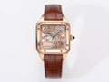 Cartier watch with rose gold case, see-through skeleton dial, brown leather strap