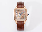 Cartier watch with rose gold case, see-through skeleton dial, brown leather strap