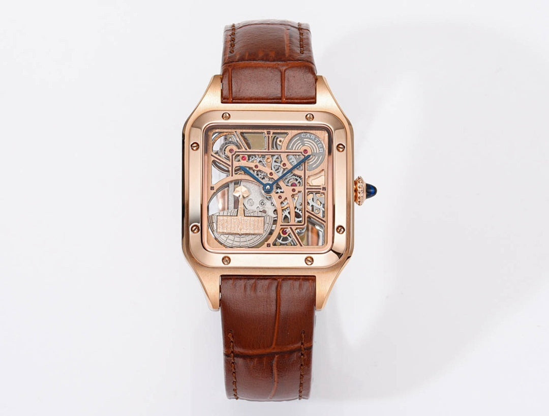Cartier watch with rose gold case, see-through skeleton dial, brown leather strap
