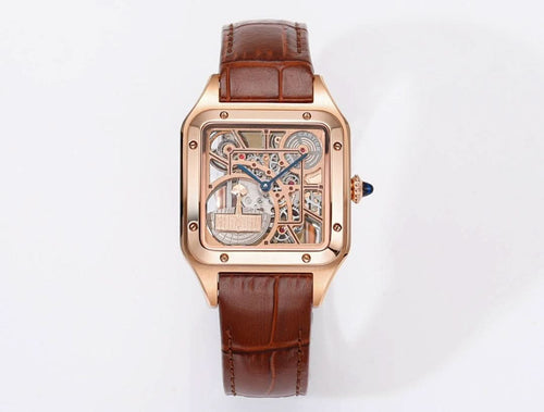 Cartier watch with rose gold case, see-through skeleton dial, brown leather strap