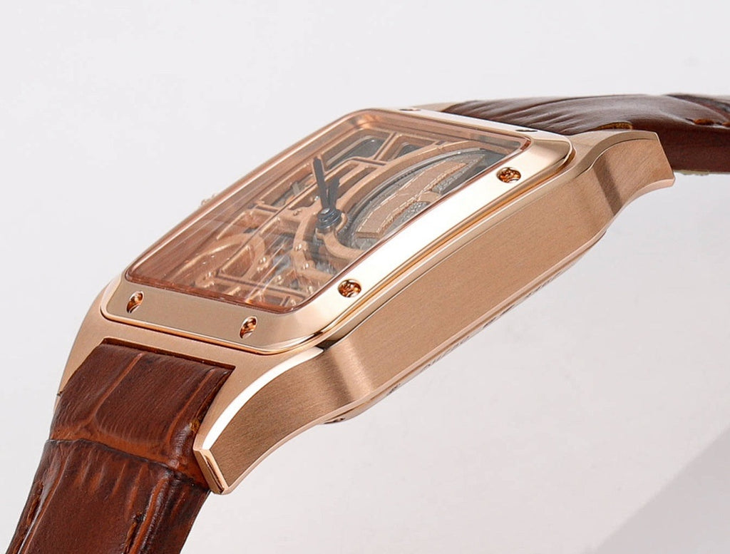 Cartier watch rose gold case top, skeleton dial view, brown leather strap