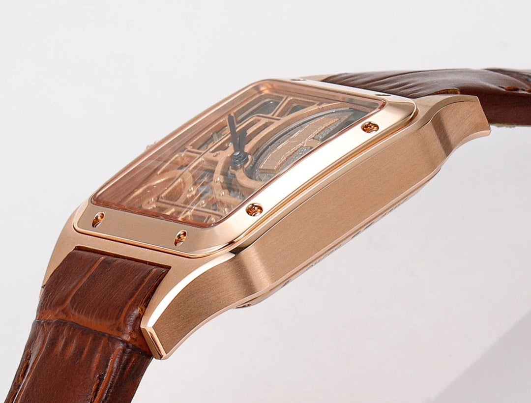 Cartier watch rose gold case top, skeleton dial view, brown leather strap