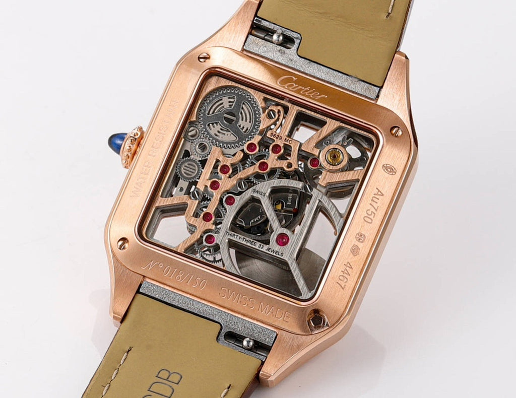 Cartier watch openwork skeleton movement in rose gold case, leather strap