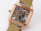 Cartier watch openwork skeleton movement in rose gold case, leather strap