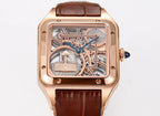 Cartier watch front view, rose gold case and brown leather strap, skeleton dial