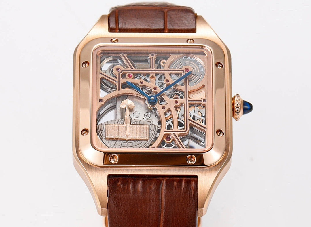 Cartier watch front view, rose gold case and brown leather strap, skeleton dial
