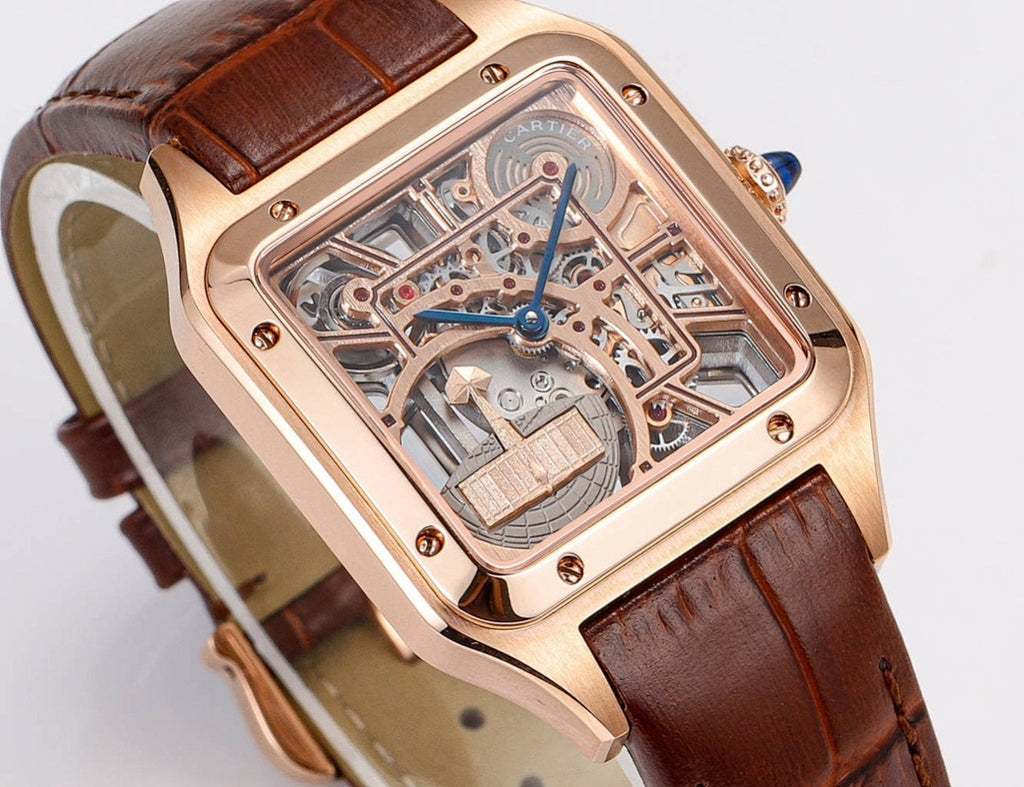 Cartier watch angled view, rose gold case and skeleton dial, brown leather strap
