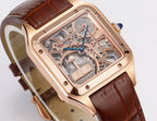 Cartier watch angled view, rose gold case and skeleton dial, brown leather strap