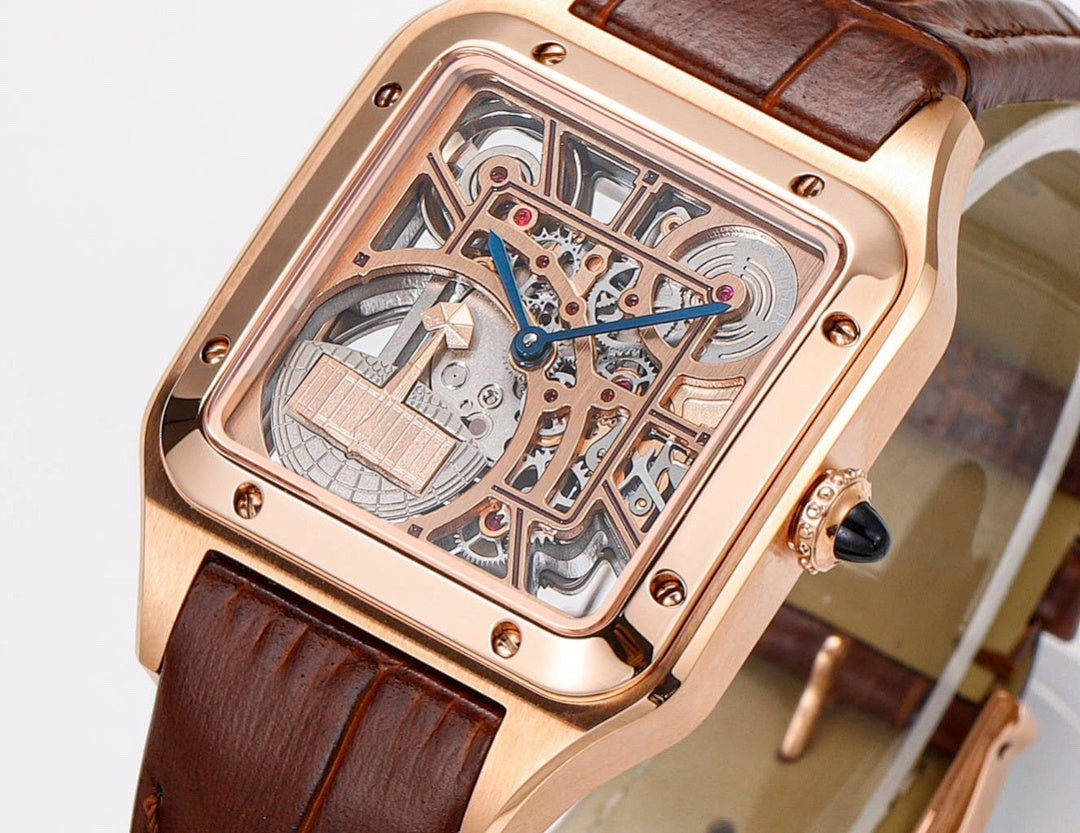 Cartier watch close-up skeleton dial in rose gold case, brown leather strap