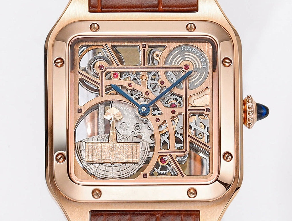 Cartier watch straight-on skeleton dial, rose gold frame and brown leather strap