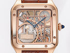 Cartier watch straight-on skeleton dial, rose gold frame and brown leather strap