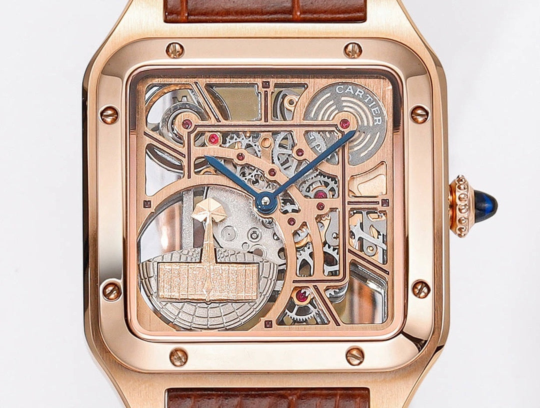 Cartier watch straight-on skeleton dial, rose gold frame and brown leather strap