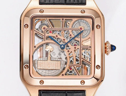 Cartier watch skeleton dial close-up, rose-gold frame, black leather strap, blue hour hand.