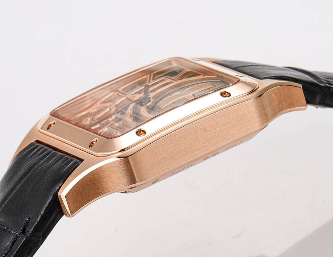 Cartier watch side profile, rose-gold case, clear caseback window, black leather strap.