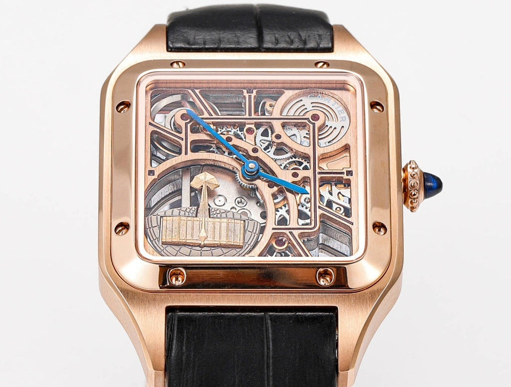 Cartier watch front view, rose-gold case, black leather strap, skeleton movement with blue hands.
