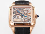 Cartier watch front view, rose-gold case, black leather strap, skeleton movement with blue hands.