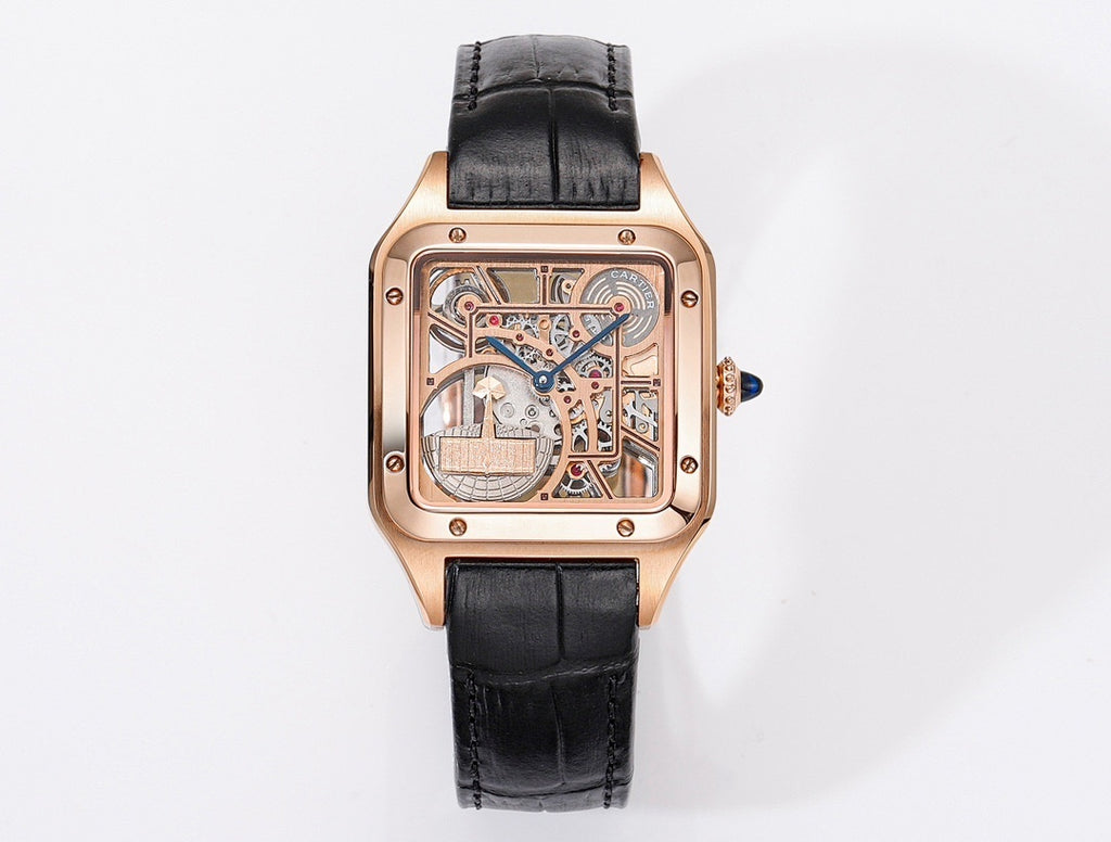 Cartier watch with rose-gold case, black leather strap, transparent skeleton dial, blue hands.