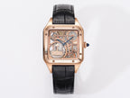 Cartier watch with rose-gold case, black leather strap, transparent skeleton dial, blue hands.