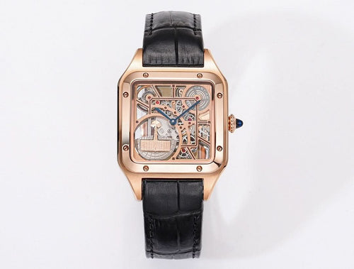 Cartier watch with rose-gold case, black leather strap, transparent skeleton dial, blue hands.