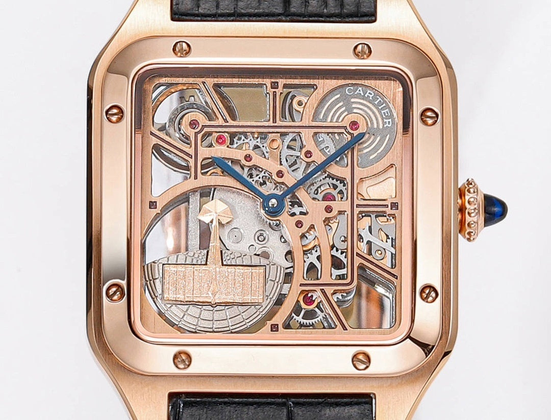 Cartier watch front dial view, rose-gold case, black leather strap, transparent skeleton movement.